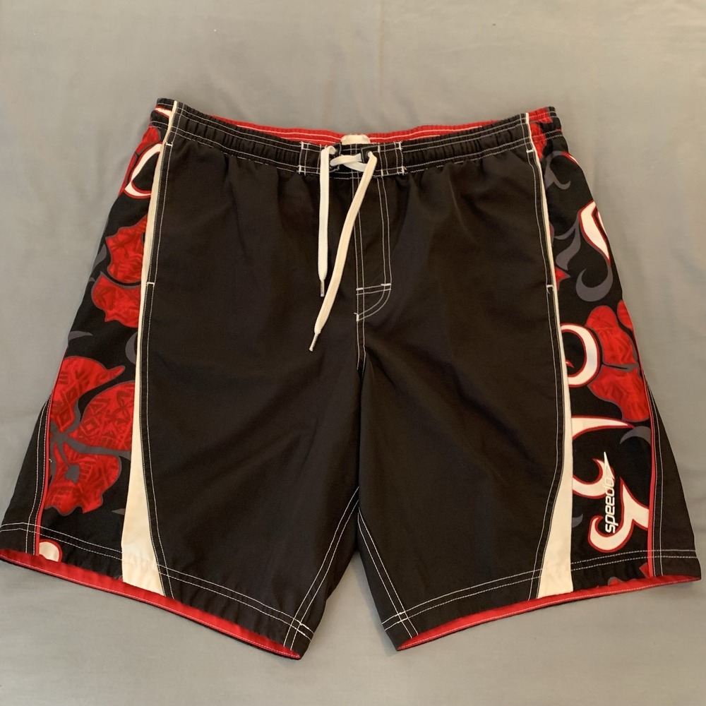 Speedo Board Shorts Mens Medium Black Red Floral Swim Trunks Lined Tropical